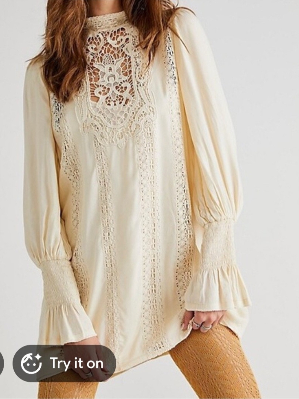 FP One Ivory Lace High Neck Long Sleeve Ruffle Frayed Edges Tunic Dress. M